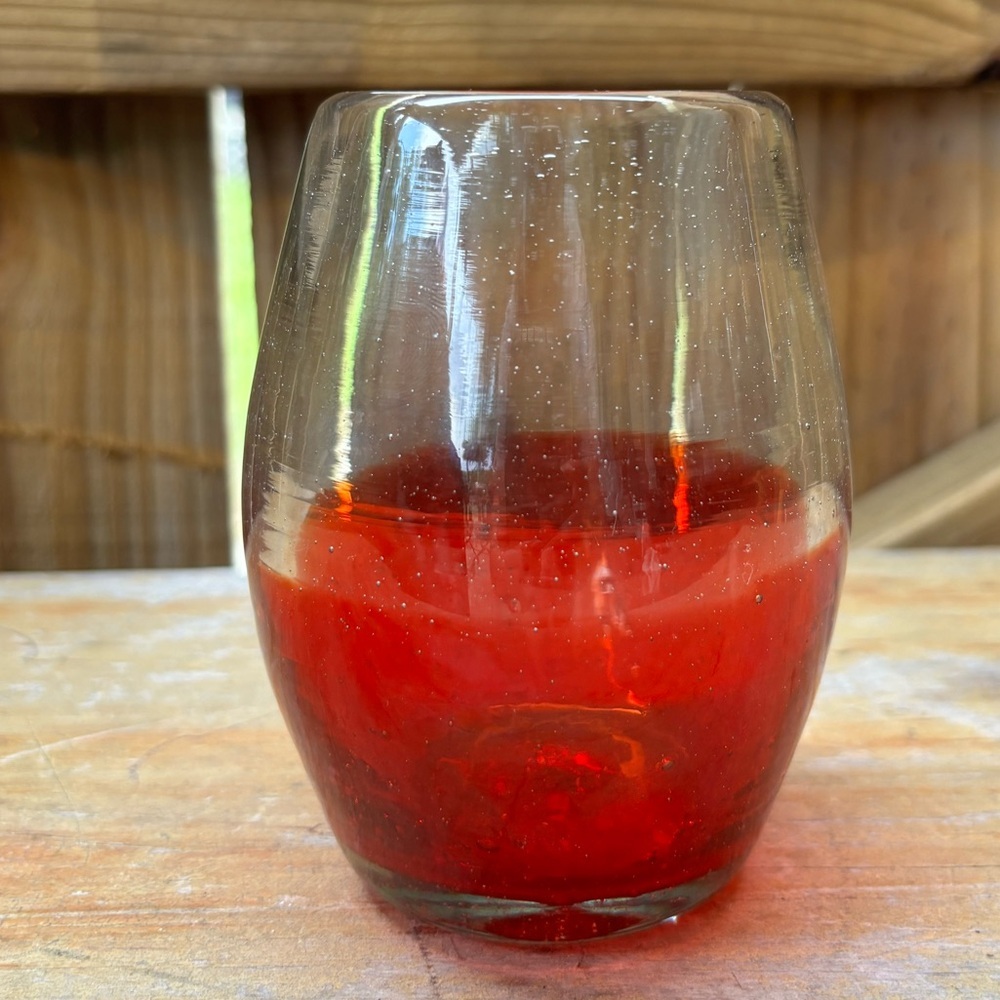 Two Tone Red & Clear Hand Blown Stemless Wine Glass 10oz